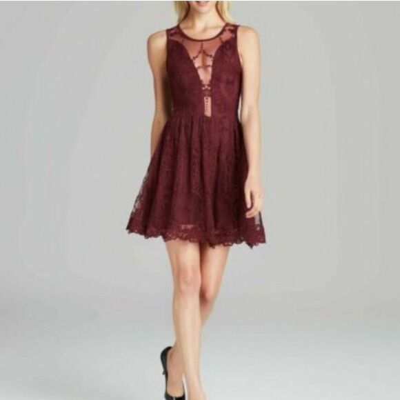 For Love & Lemons Red Lulu Lace Sheer A-Line Mini Dress Size S - Picture 2 of 13